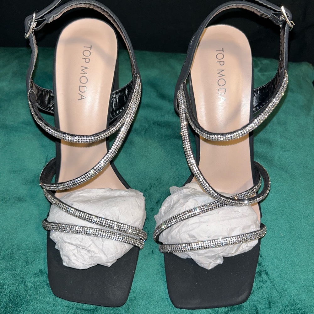 Rhinestone Black Block Heel Sandals